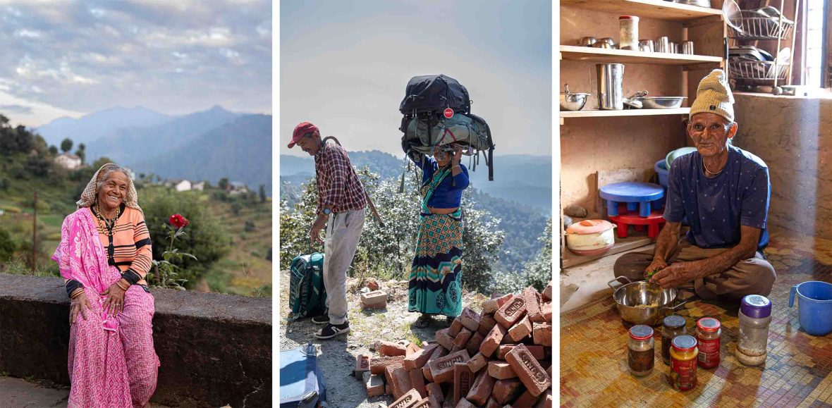Left: A woman in pink sits on a wall and smiles. Middle: A woman carries a backpack on her head while a man bends to pick up another bag. Right: A man sits on the floor in a basic kitchen with jars of spices around him.