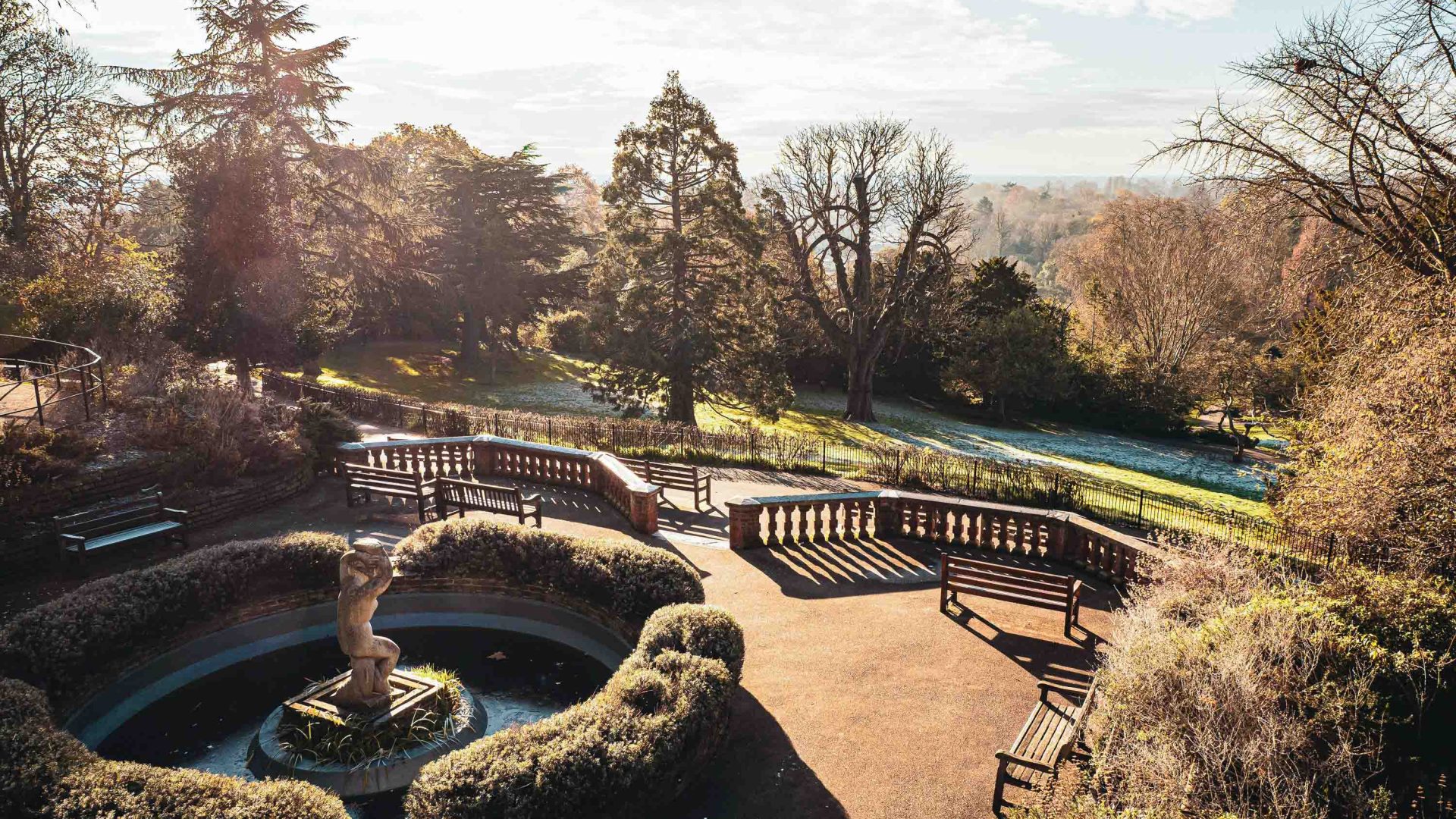 Beautiful, scenic view of frosted Victorian Richmond Hill Park with Bulbous Betty in the foreground.