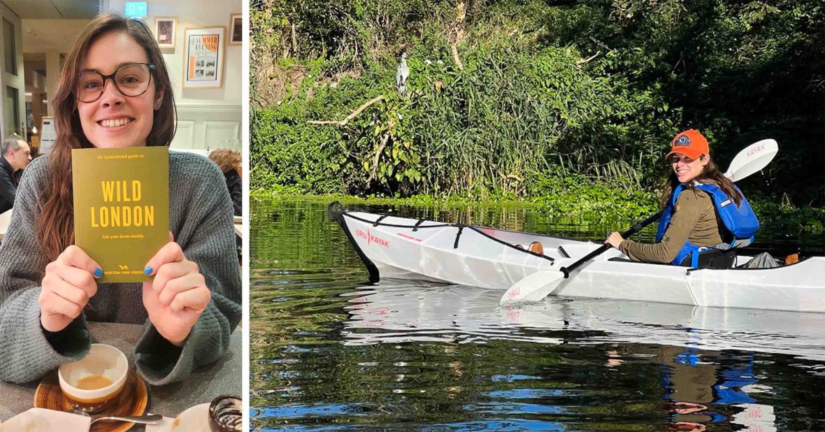 Left: A woman at a cafe holds up a copy of the book 'Wild London'. Right: A woman kayaks on a canal.