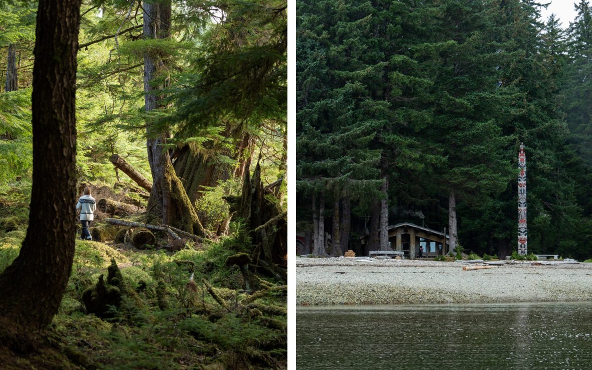 Left: Person standing in green forest; Right: White sand shore with totem pole and wooden building set against forest.