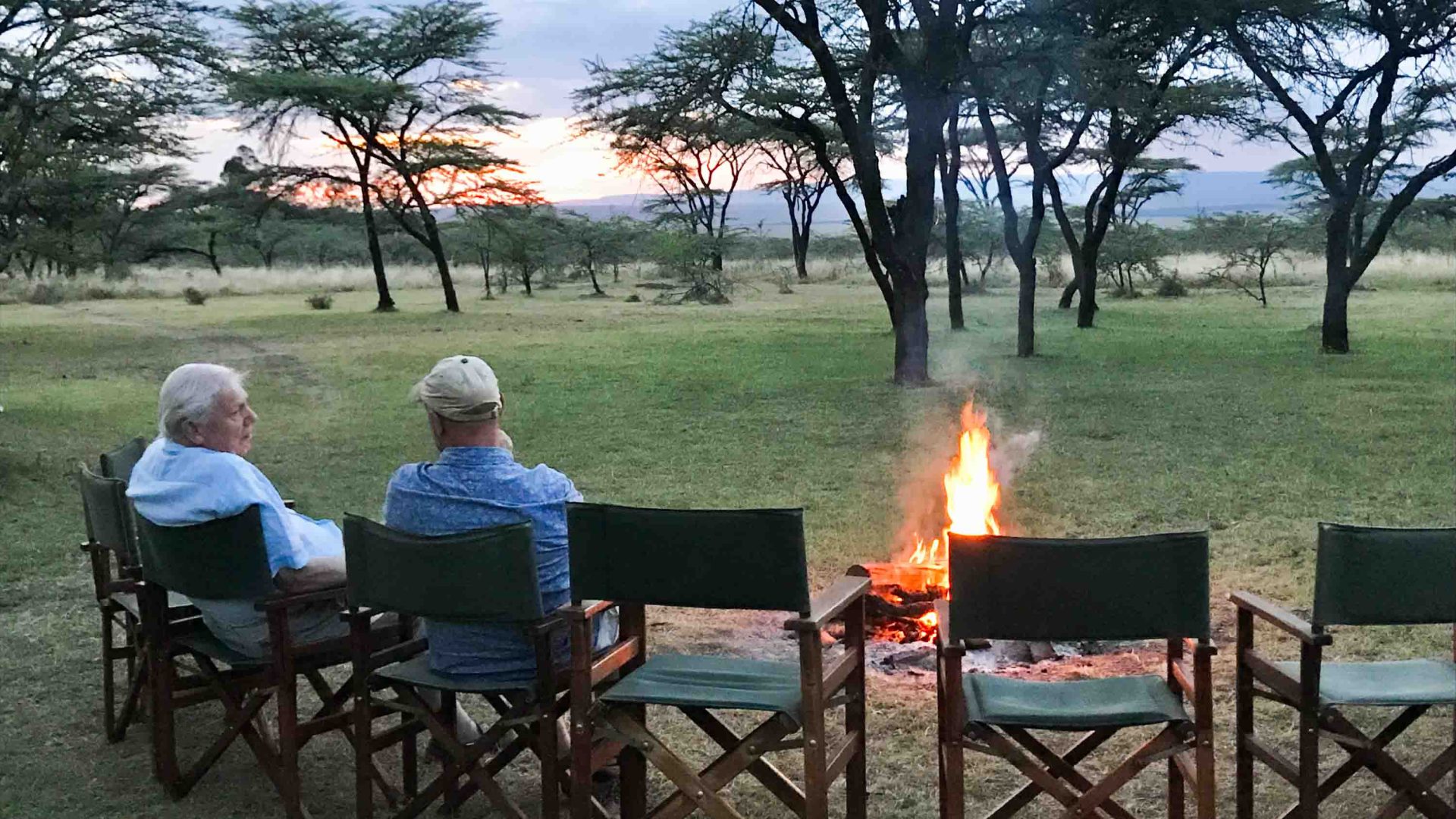 Two men sit on chairs by a camp fire and talk, under some trees.