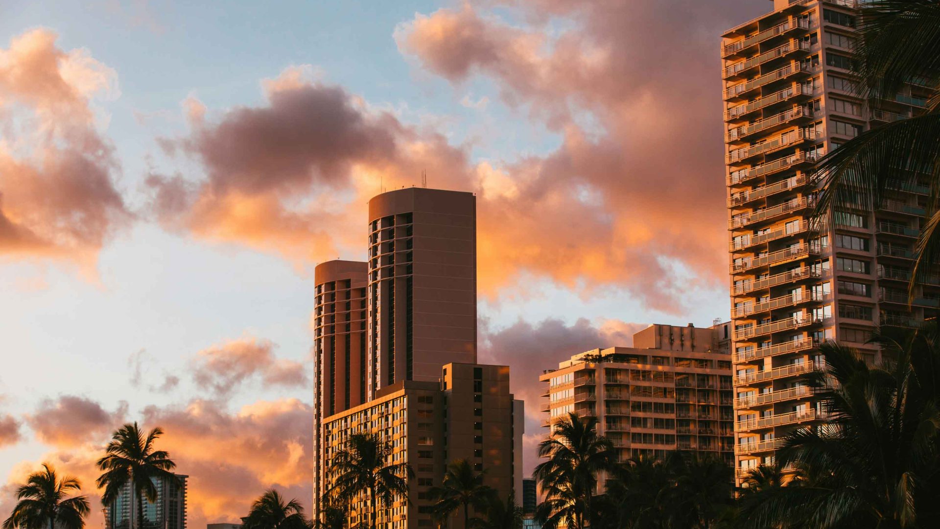 Sunset over highrise buildings.
