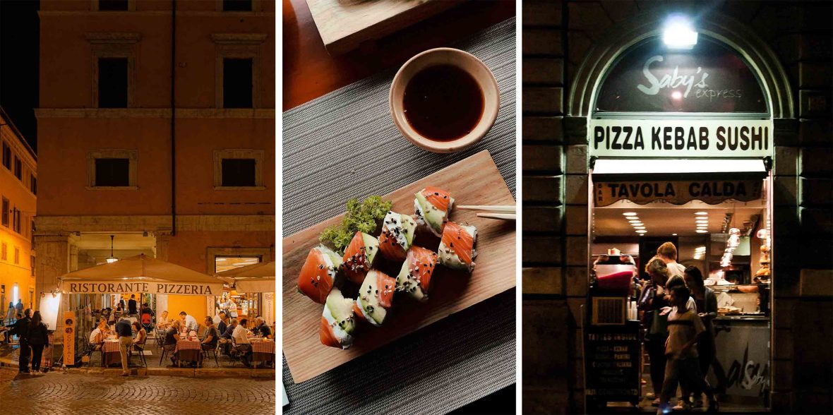 Left: Diners eat at tables outside a warmly lit pizzeria. Middle: A tray of sushi. Right: A restaurant with a sign that shows it serves pizza, kebabs and sushi.