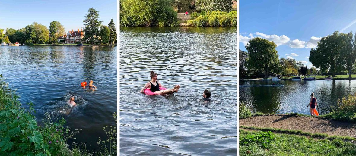 Three photos of people swimming in a river with trees on the opposite shore.