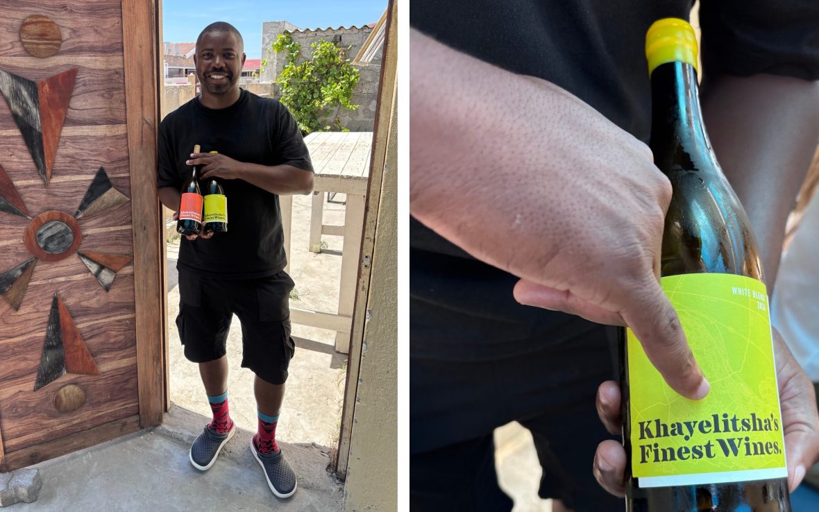 Left: Man holds two wine bottles; Right: Finger points to wine label reading 'Khayelitsha's Finest Wines'
