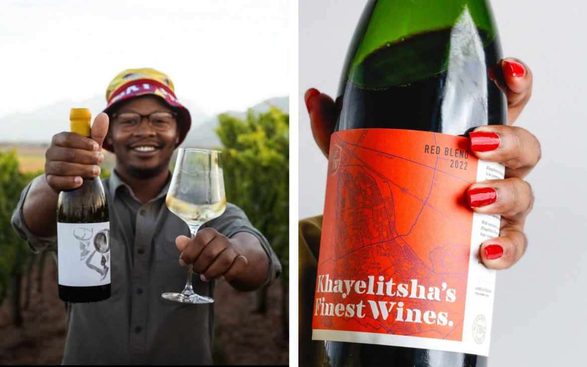 Left: Man holds wine bottle and wine glass; Right: Hand with red nails holds wine bottle with red label.