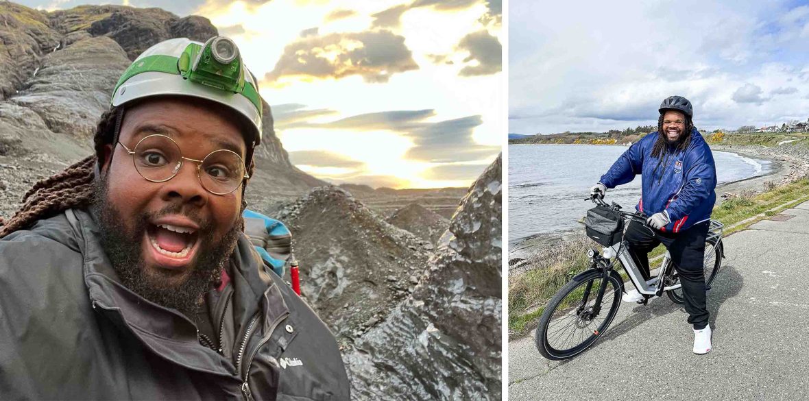 Left: A man wearing a head torch on rocky terrain smiles to camera. Right: A man smiles for a photo while on a bicycle overlooking water.