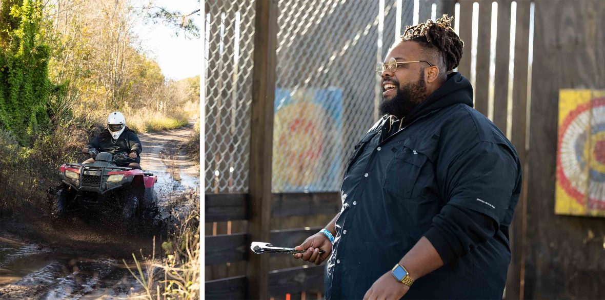 Left: A man on an ATV wearing a helmet drives on a muddy road. Right: A profile picture of a man holding an axe and smiling.