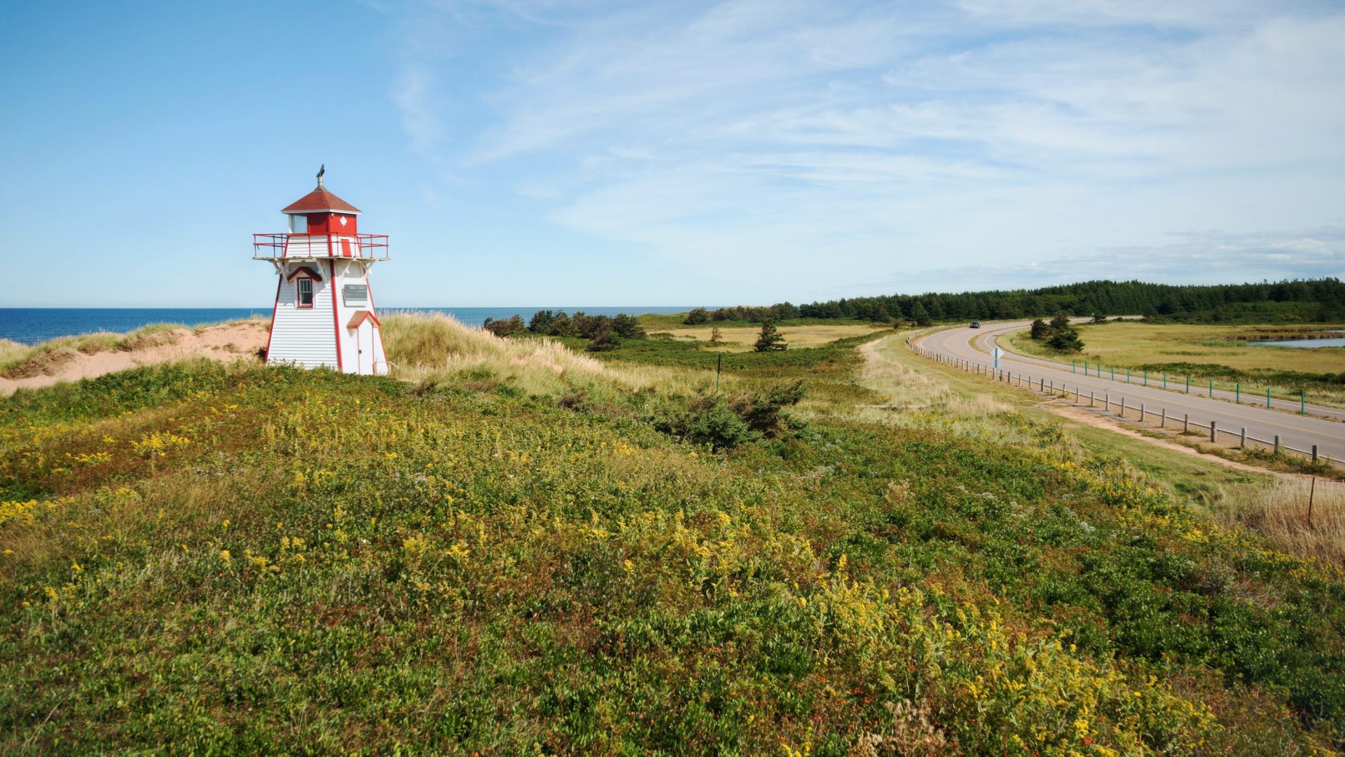Green field under blue sky and a red and white lighthouse.