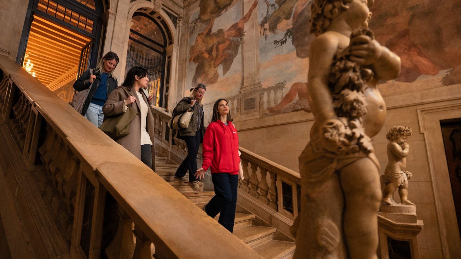 Group walk down stairs