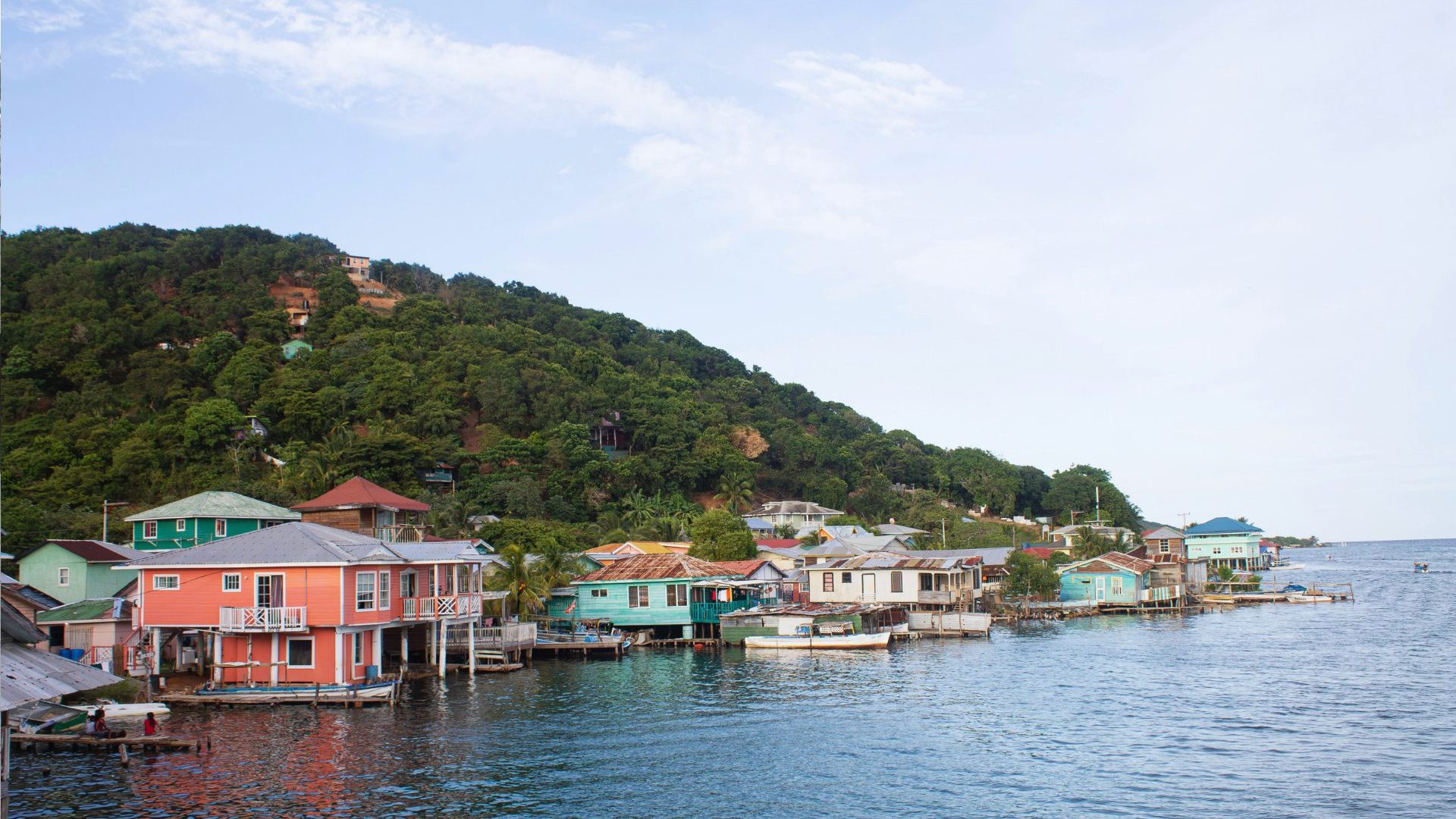 Colorful buildings by water.