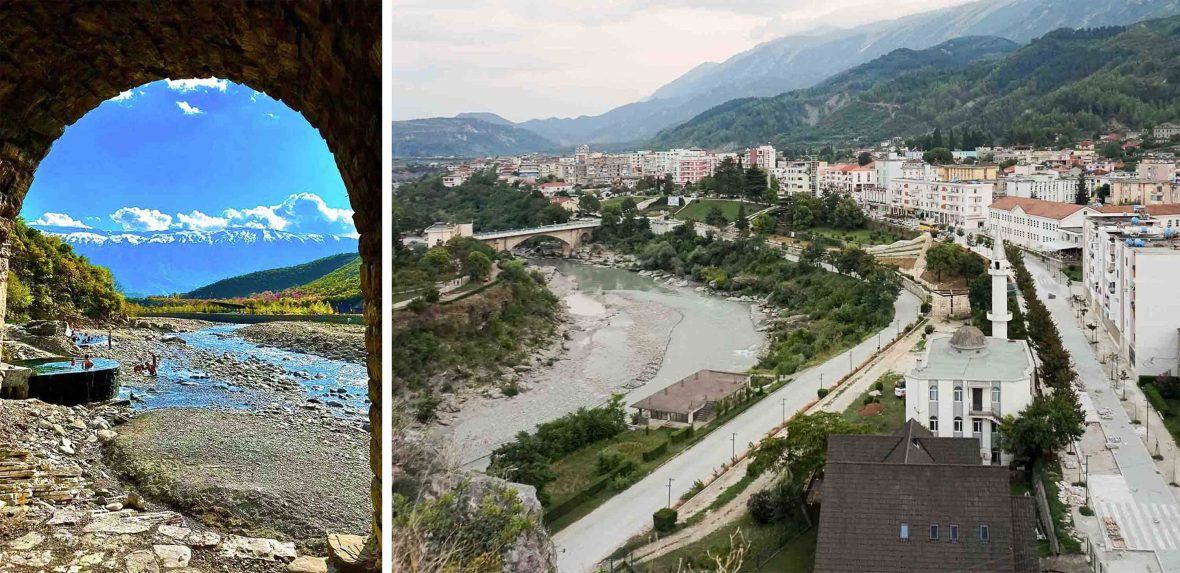 Left: People sit in thermal pools by a river. They are seen through a stone arch. Right: A town on the edge of a river.