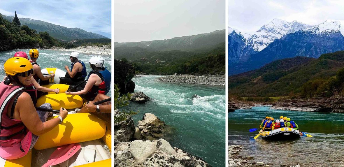 Left and right: White water rafters on boats on a river. Middle: Rapids in a river.