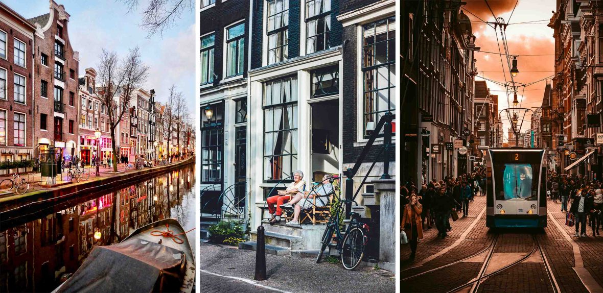 Left: A canal boat glides down a canal past buildings at dusk. Middle: Two locals on their porch. Right: A busy pedestrian street with people and a tram in the centre of it.