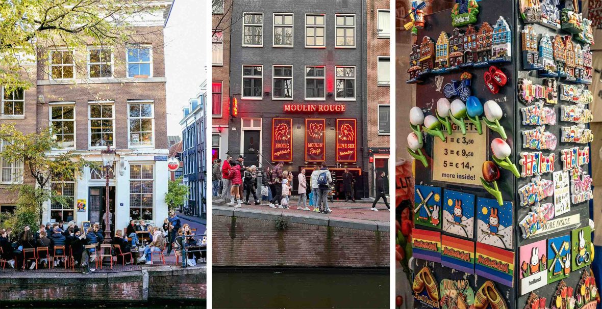 Left: People sit outside at a cafe. Middle: Crowds outside the moulin rouge. Right: Souvenir magnets for sale.