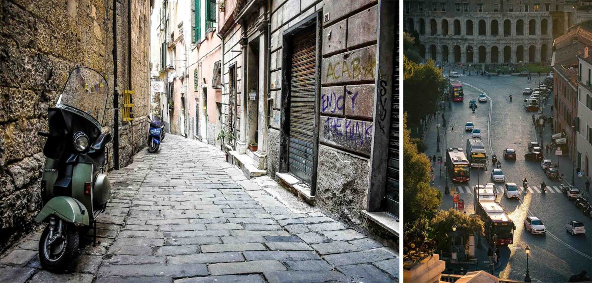 Left: An old vespa in a cobbled street with graffiti. Right: Looking down over a street in Rome with cars and scooters driving in it.
