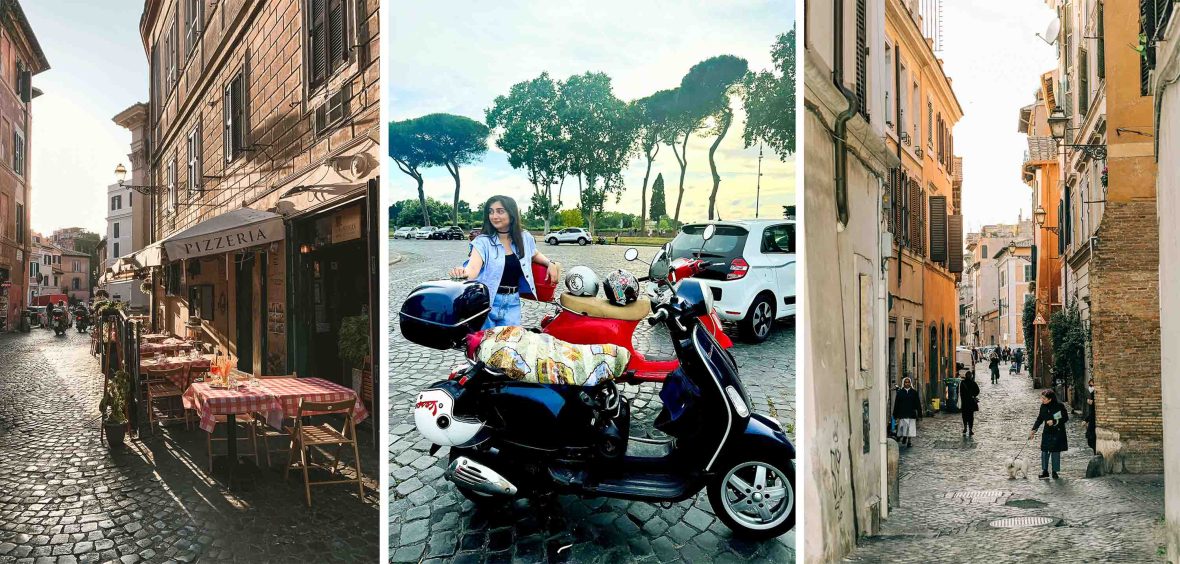 Left and right: Narrow cobbled streets lined with houses. Middle: A woman by a vespa, in front of a viewpoint with trees.