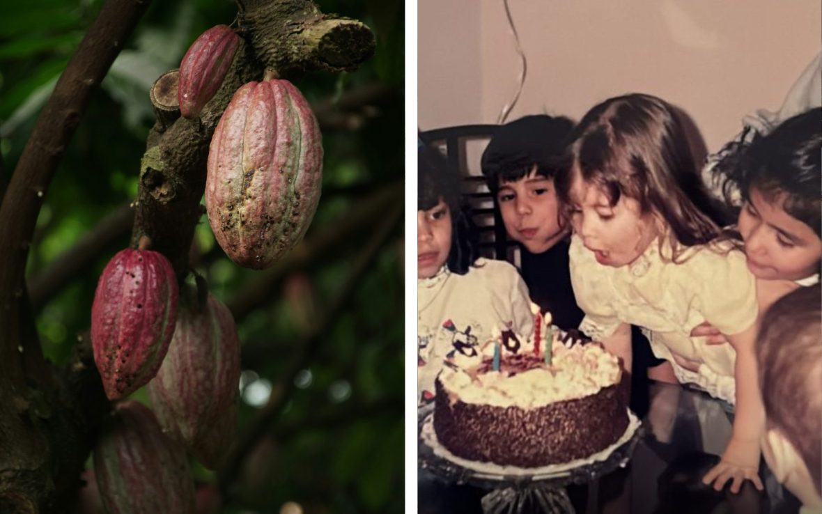 Left: Pink fruit hangs on tree; Right: Young girl blows out candles on cake