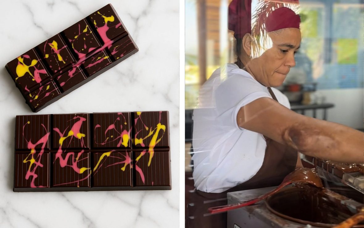 Left: Chocolate bar; Right: Woman wearing red chef hat stirs chocolate pot.