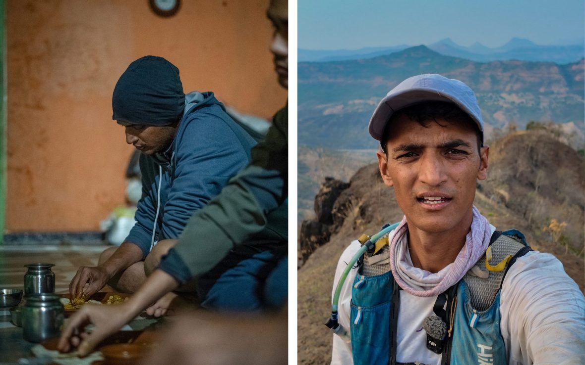 Left: Man eats with his sands; Right: Selfie of man wearing cap and water vest.