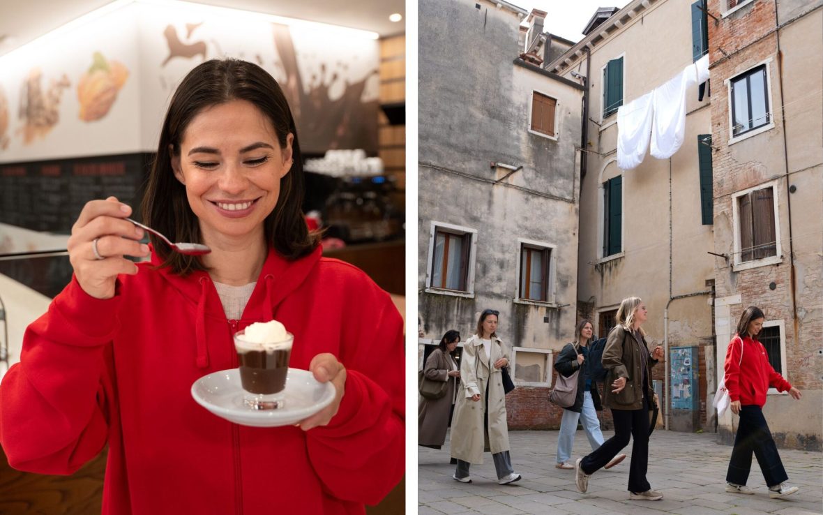 Left: Woman in red sweater holds cup of hot chocolate; Right: Group walk through small piazza