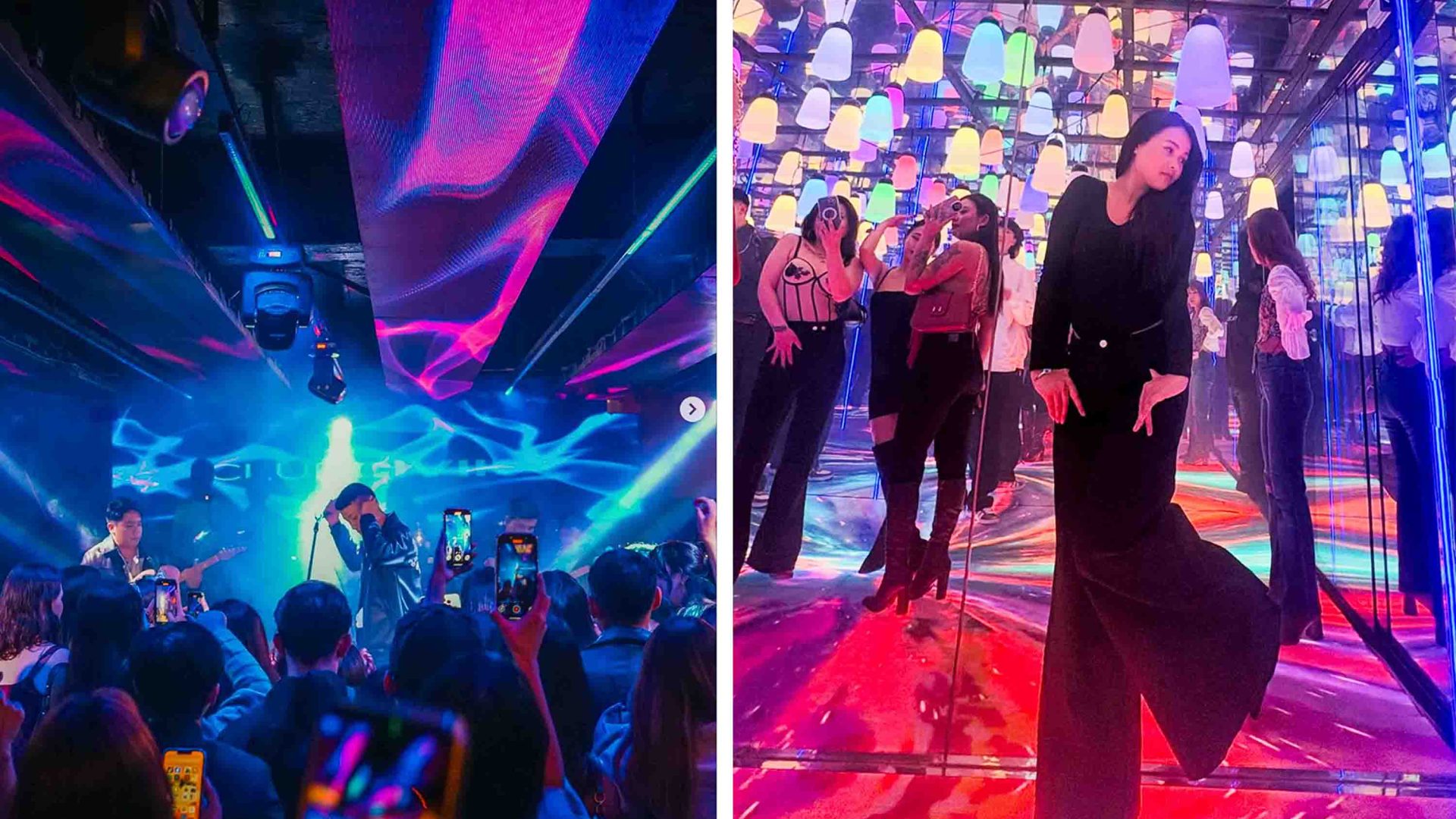 Left: People dance and listen to a DJ. Right: A woman photographs herself in mirrors under lots of colourful lights.