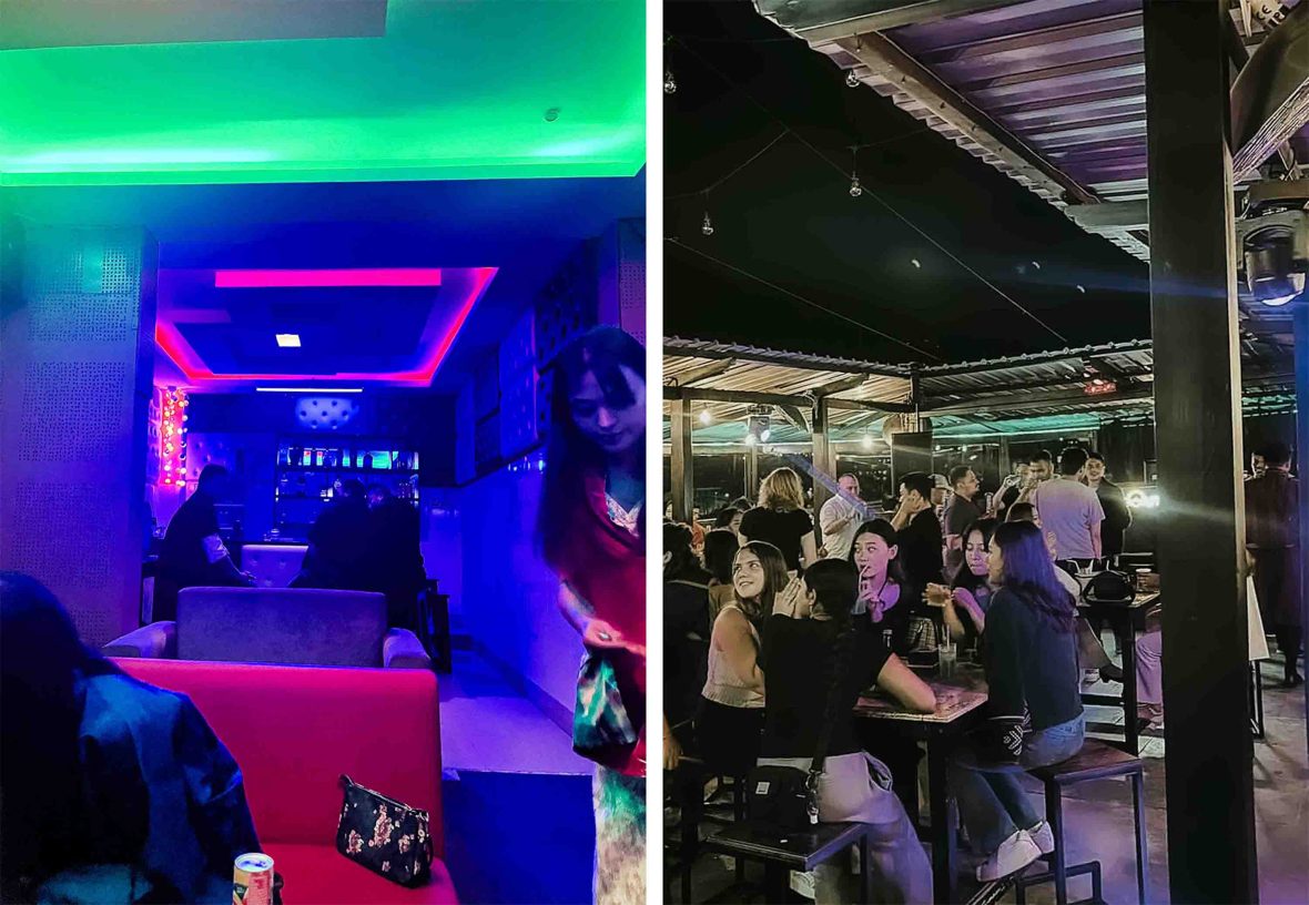 Left: People at a neon lit karaoke bar. Right: Lots of people sit at outside tables to drink.