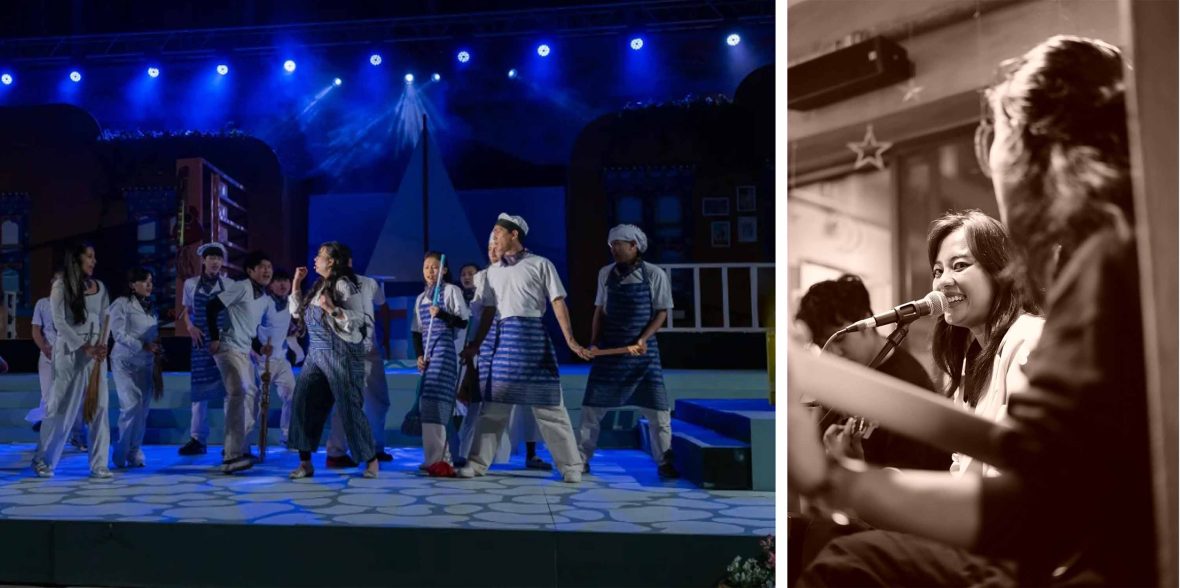 Left: People perform on stage. Right: A woman sings.
