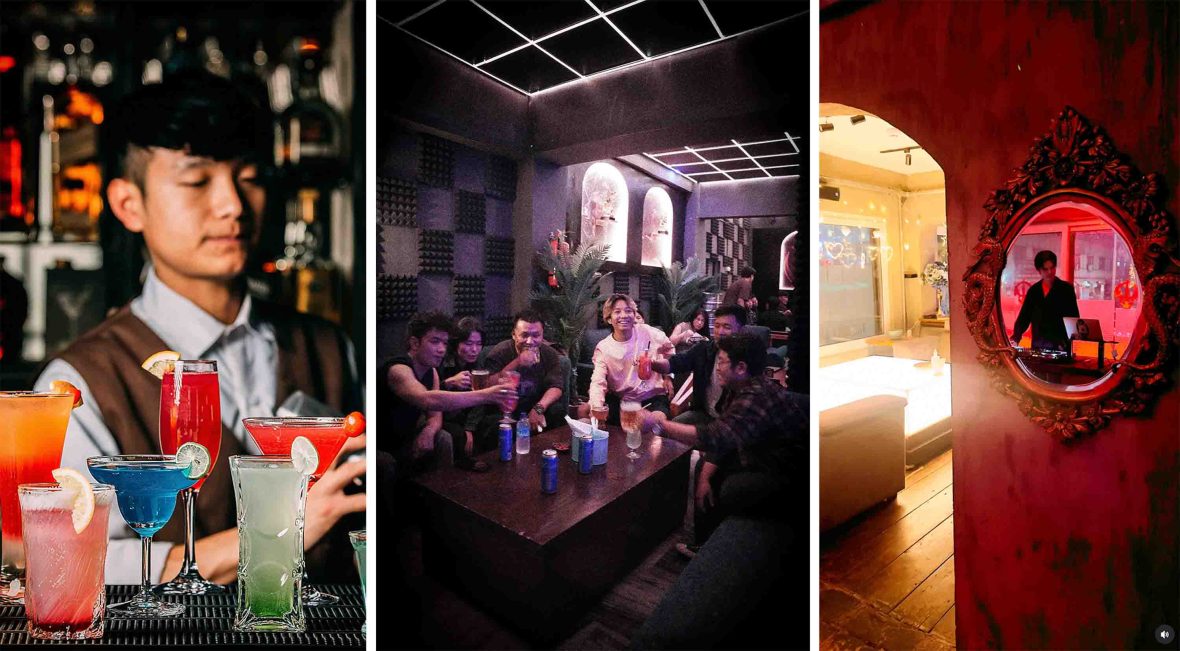 Left: A man prepares cocktails at a bar. Middle: A crowd of friends drinks at a table. Right: A DJ seen in the mirror at a venue.