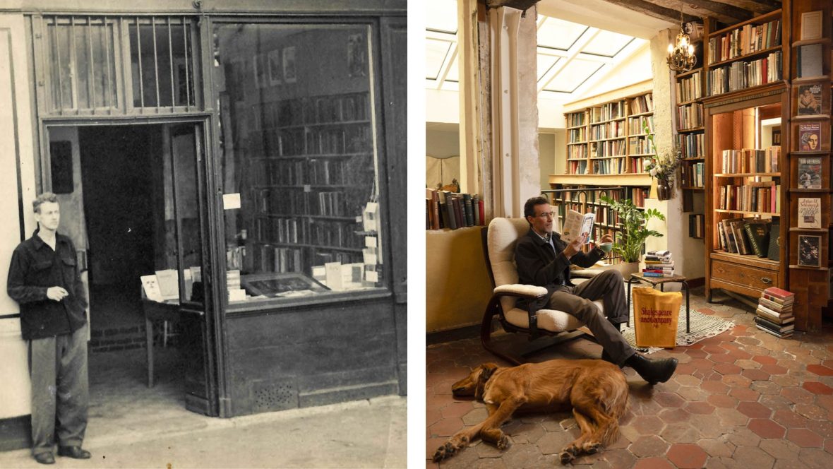 Left: Black and white photo of man standing outside shop; Right: A man sits in a book shop reading in an armchair, dog at his feet.