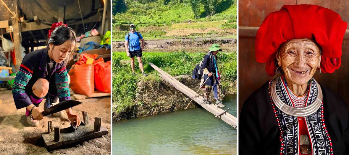 Left: A woman uses a knife while crouched on the floor. Middle: A man looks on as a local guide crosses a river on a plank of wood. Right: A woman in traditional red clothing and hat smiles broadly to camera.