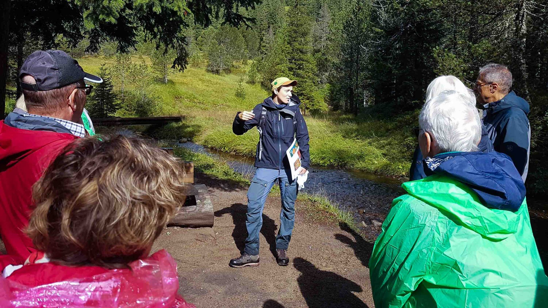 A woman stands in a forest setting and talks to a group of tourists.
