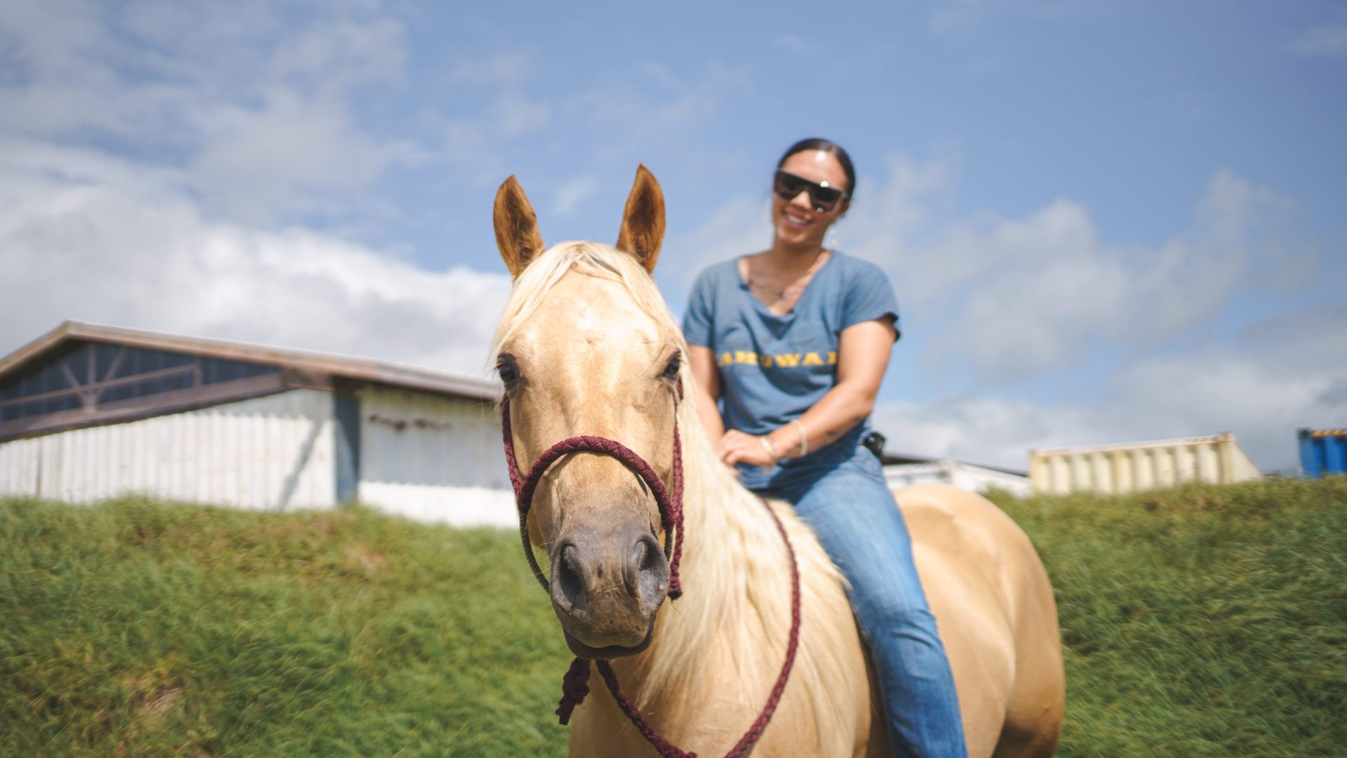 Women in blue sits on golden-colored horse.