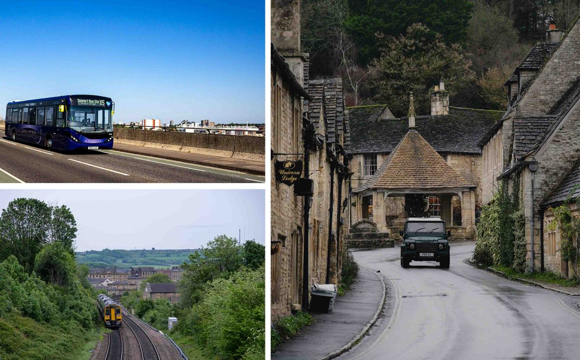 Top: A bus travels on an empty road. Bottom: A train passes through green countryside and a small town. Right: A car drives through an English country town with stone houses.