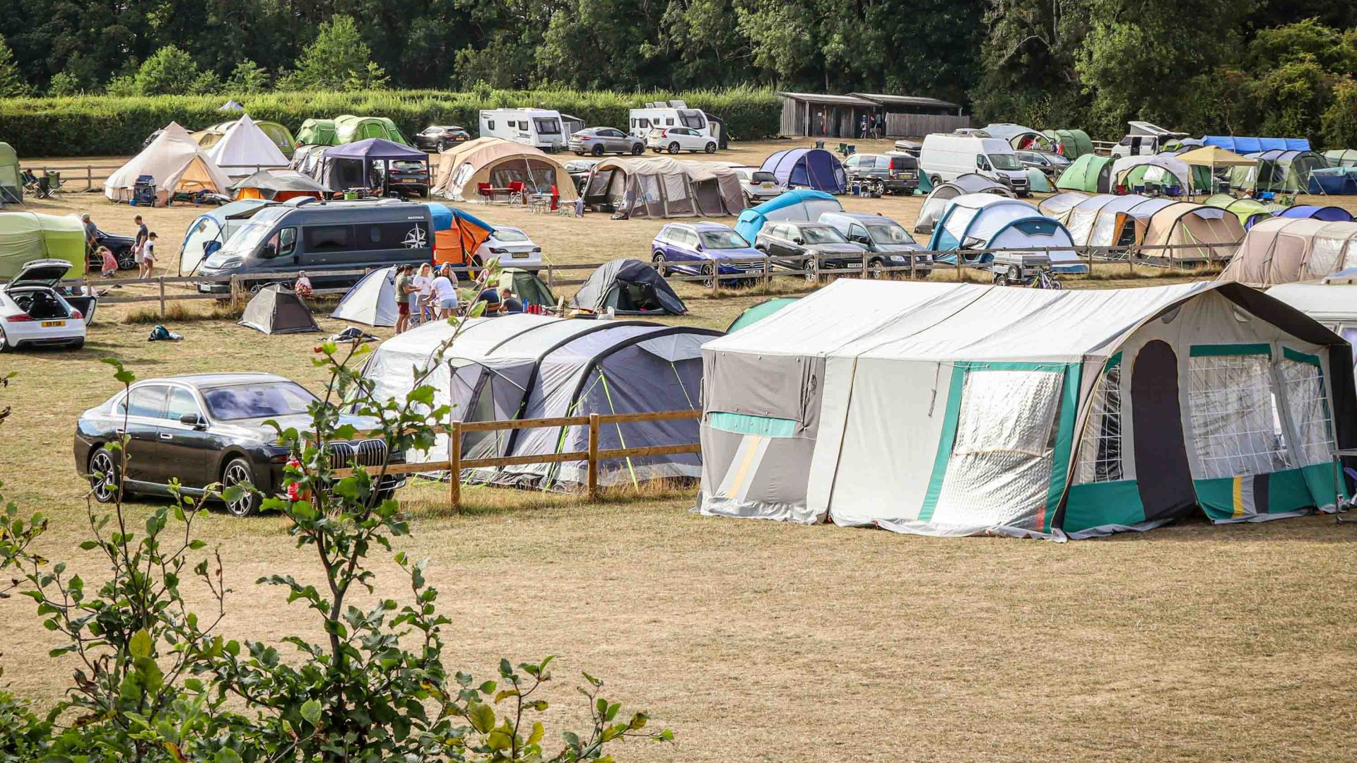 A number of tents at a festival alongside cars.