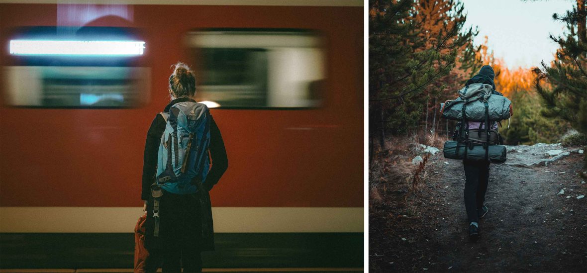 Left: A person with a backpack stands waiting for a red train that has pulled in. Right: A person with a backpack with rolled up mat walks through trees along a path.