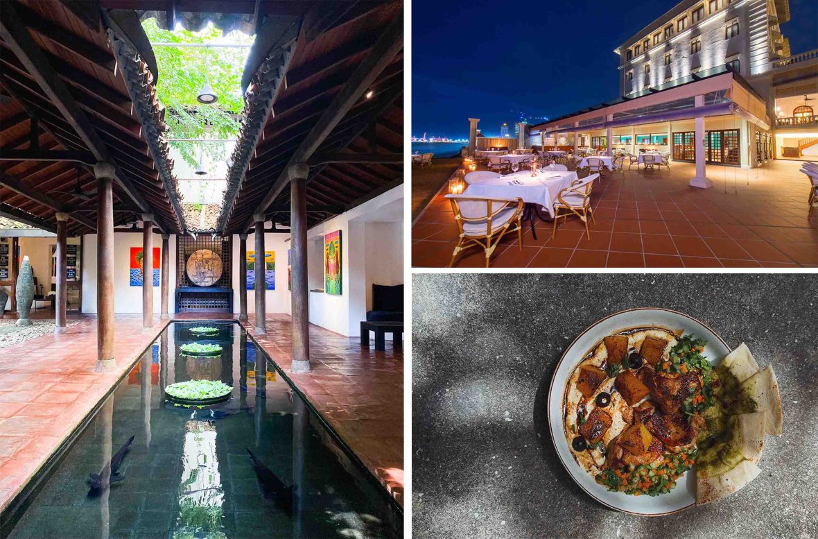 Left: A water feature runs through symmetrical pillars that frame a room with art. Top: A grand hotel with two floors and outside seating is lit up at night. Bottom: A dish of spicy looking chicken on a grey table.