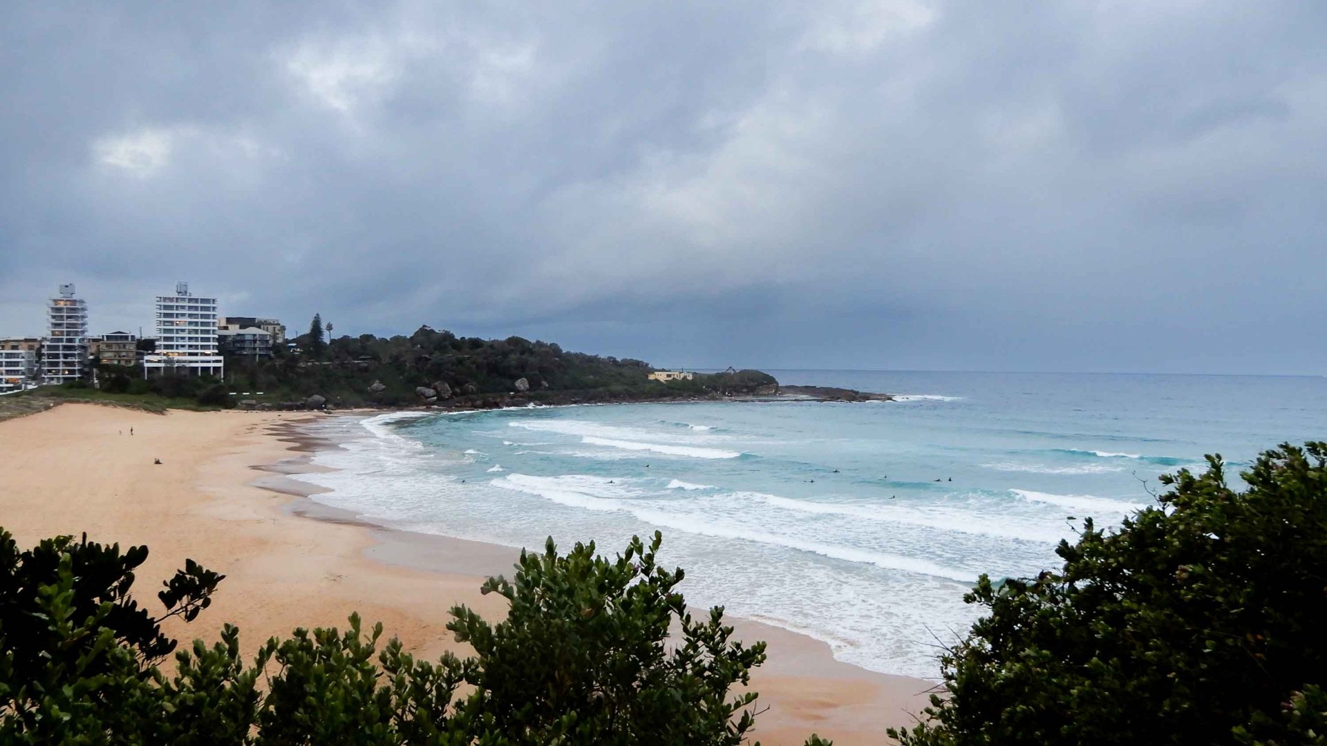 A beach with a green leafy headland and surfers in the water.