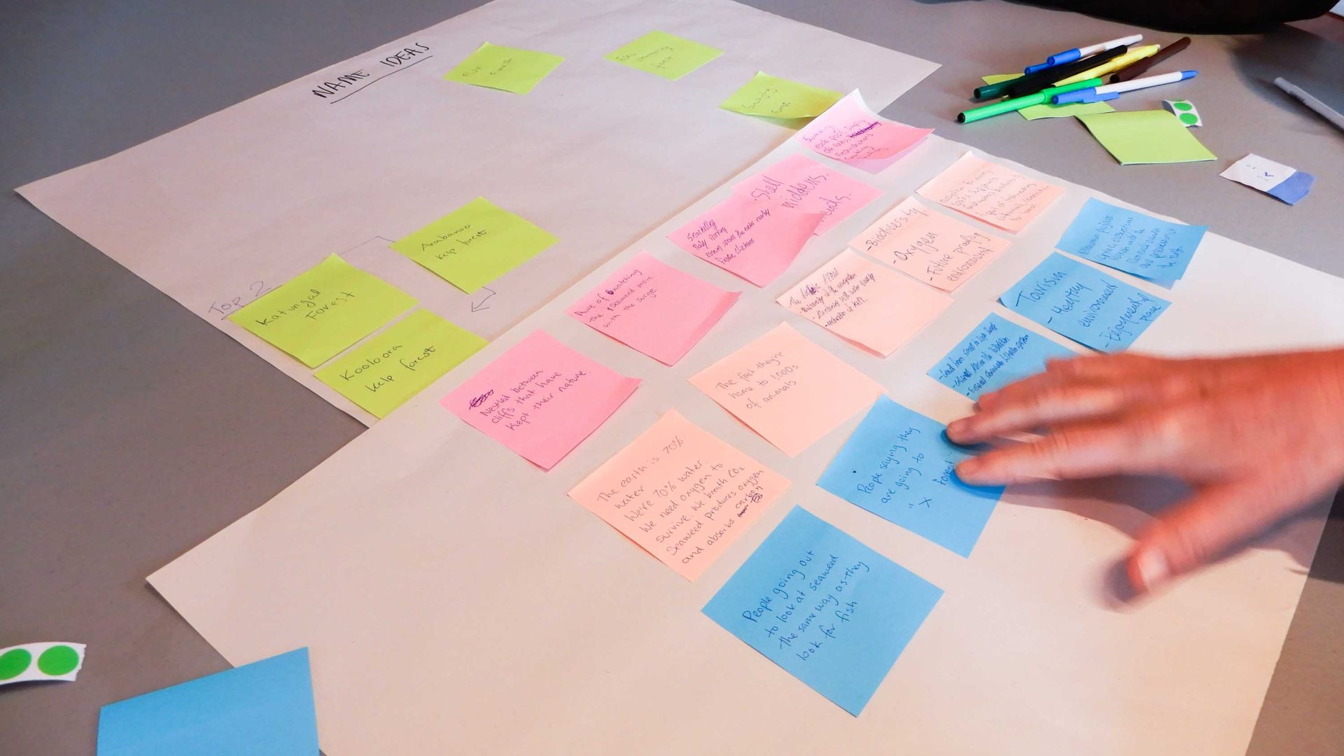 Different color post-it notes during a brainstorming workshop