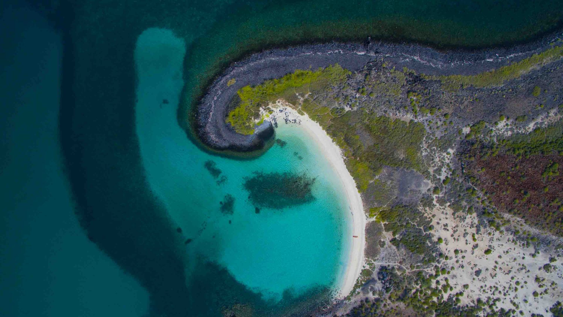 An aerial shot of turquoise water and reef.