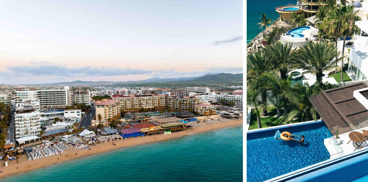 Left: A built up town on the water. Right: A person floats on a ring in a pool.