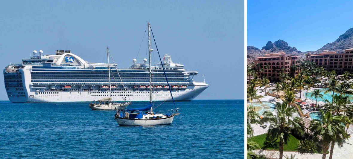 Left: A cruise ship near two smaller boats. Right: A luxury hotel with palm trees and a pool.