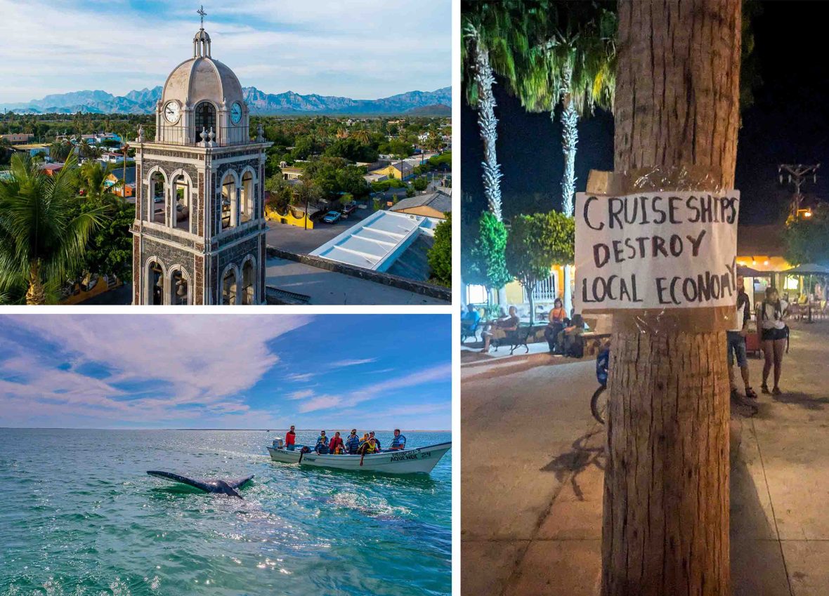 Top: A church and town. Bottom: People in a small boat watch the tail of a whale go under the water. Right: A post with a sign on it that says "Cruise ships destroy local economy".