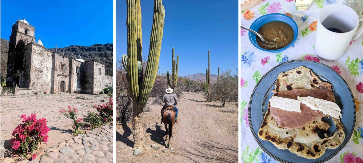 Left: An old church with pink flowers out front. Middle: A man on a horse rides past cactus. Right: A plate of tortilla with cheese on it.
