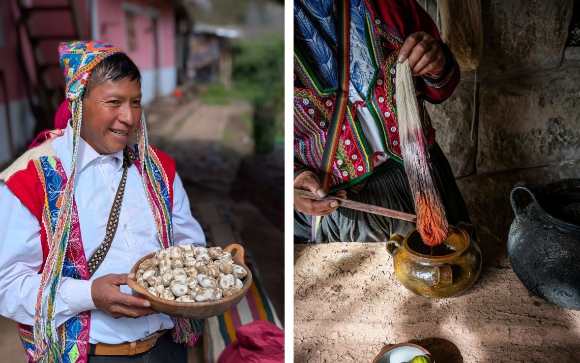 Left; A man wearing traditional Andean clothing; Right: Traditional yarn dyeing