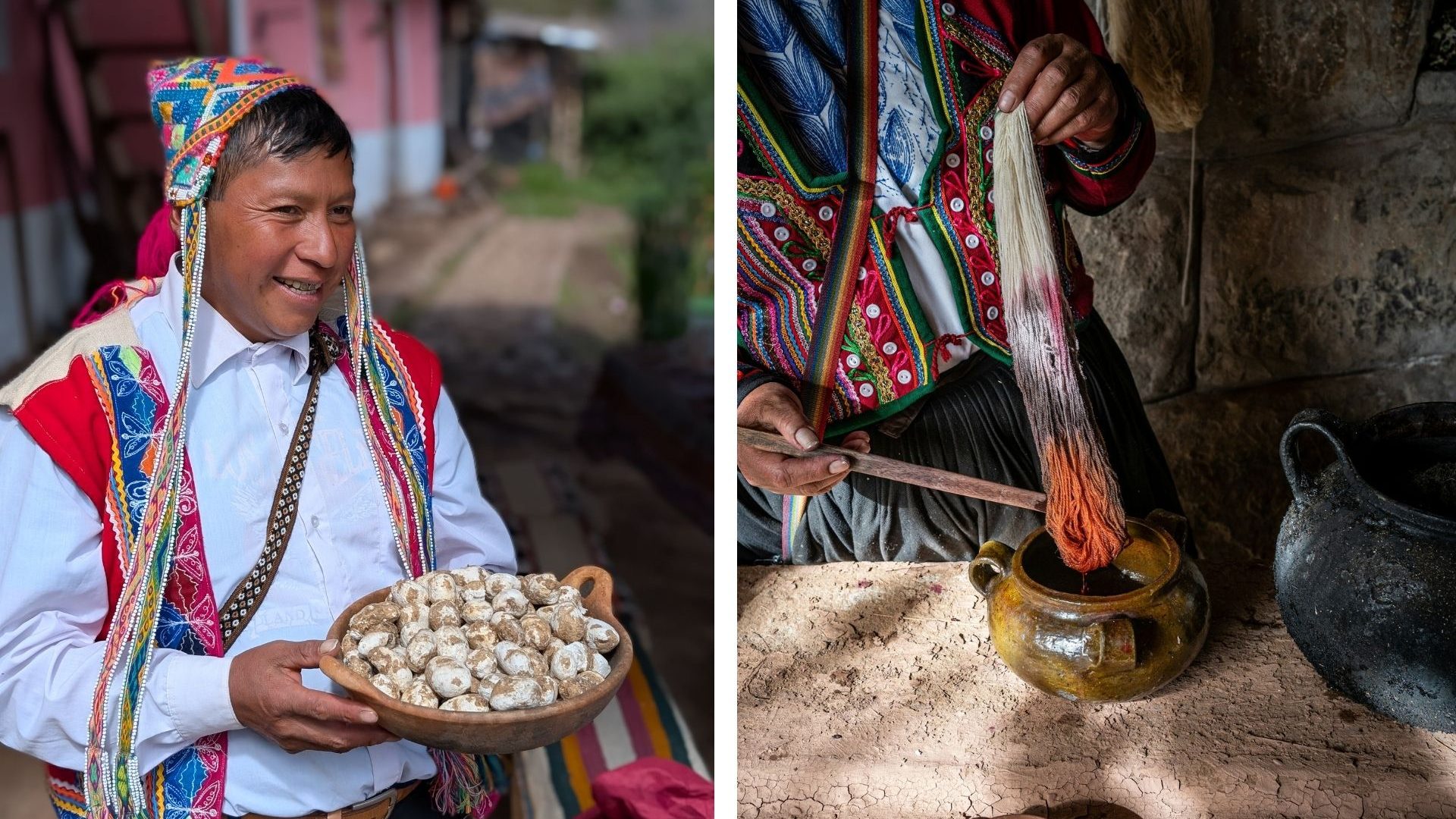Left; A man wearing traditional Andean clothing; Right: Traditional yarn dyeing