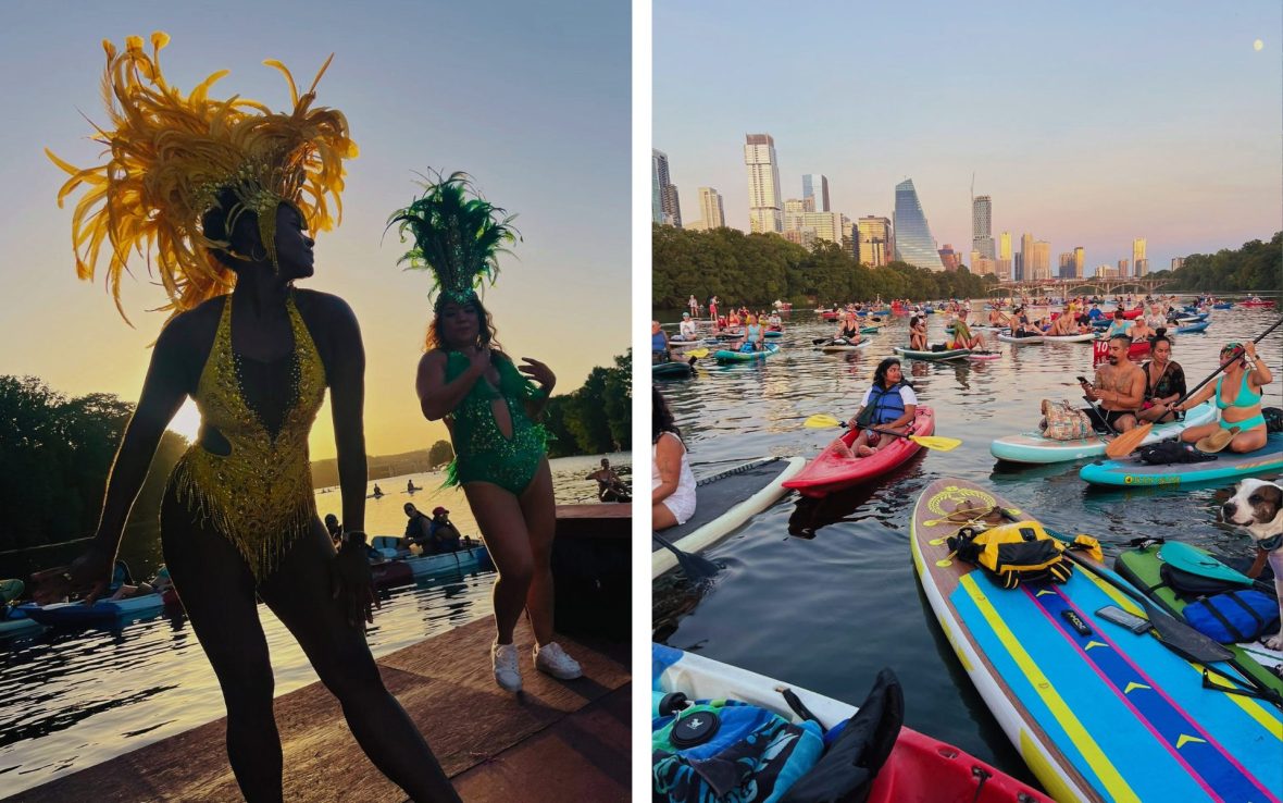 Left: Two dancers wearing feathered headpieces; Right: Kayakers on water with city skyline behind