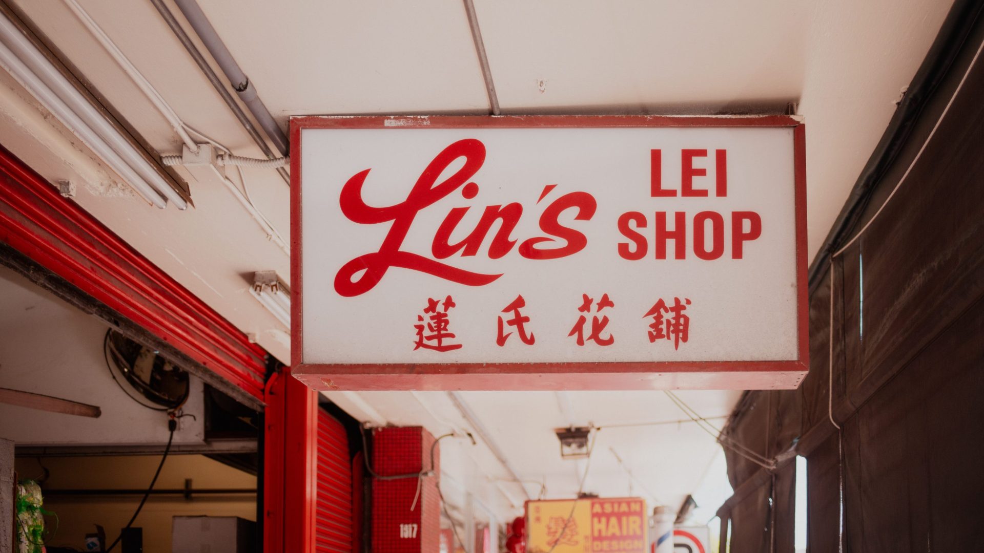 A sign reads 'Lin's Le Shop'.