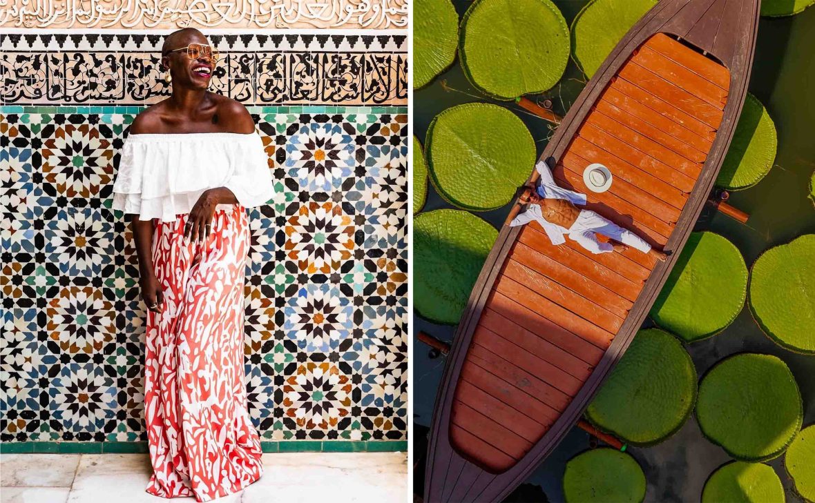 Left: A woman laughs against a mosaic wall. Right: A man lies on a boat surrounded by large lilies.