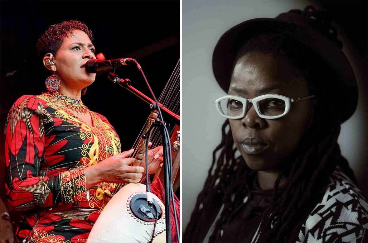 Left: A woman sings on stage. Right: A portrait of a woman in a hat and glasses with a serious expression.